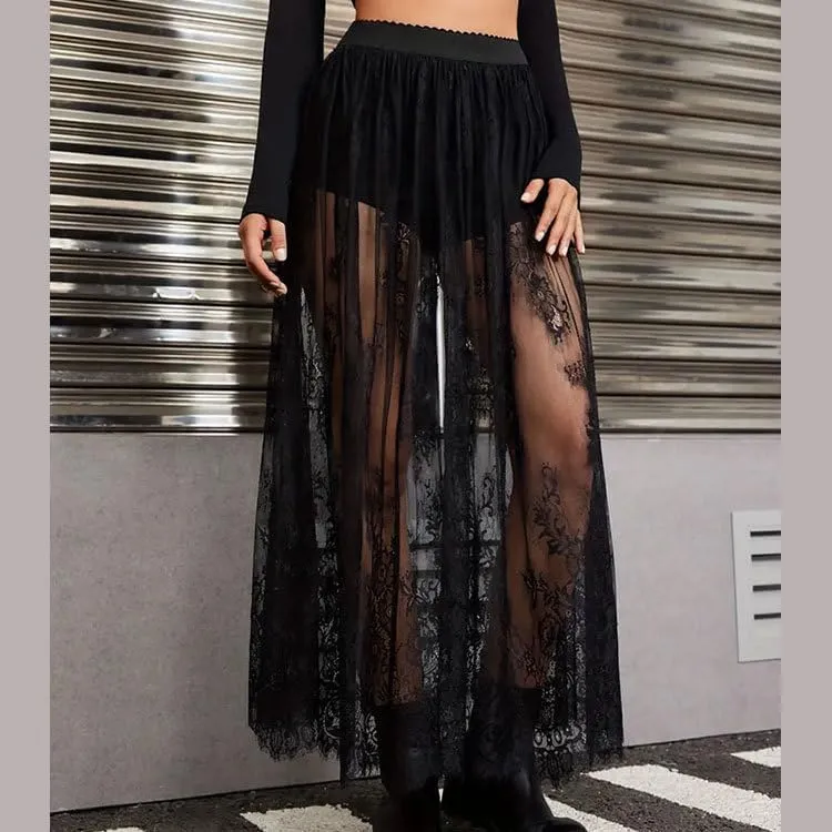Women's High Waist A Line Lace Sheer Mesh Maxi Skirt Trendy Sexy Party Skirts
