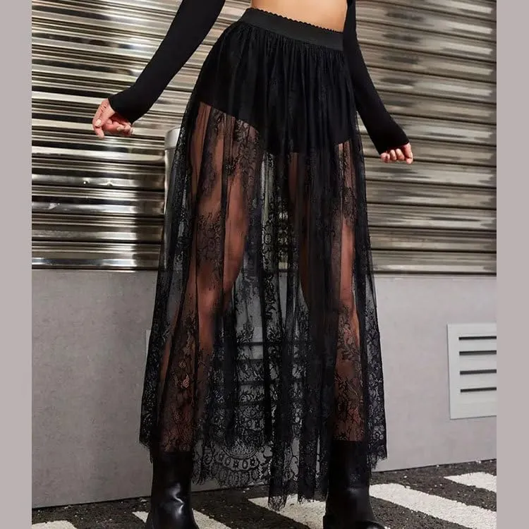 Women's High Waist A Line Lace Sheer Mesh Maxi Skirt Trendy Sexy Party Skirts