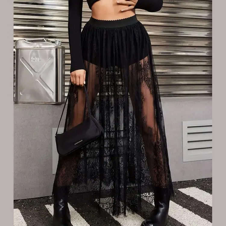 Women's High Waist A Line Lace Sheer Mesh Maxi Skirt Trendy Sexy Party Skirts