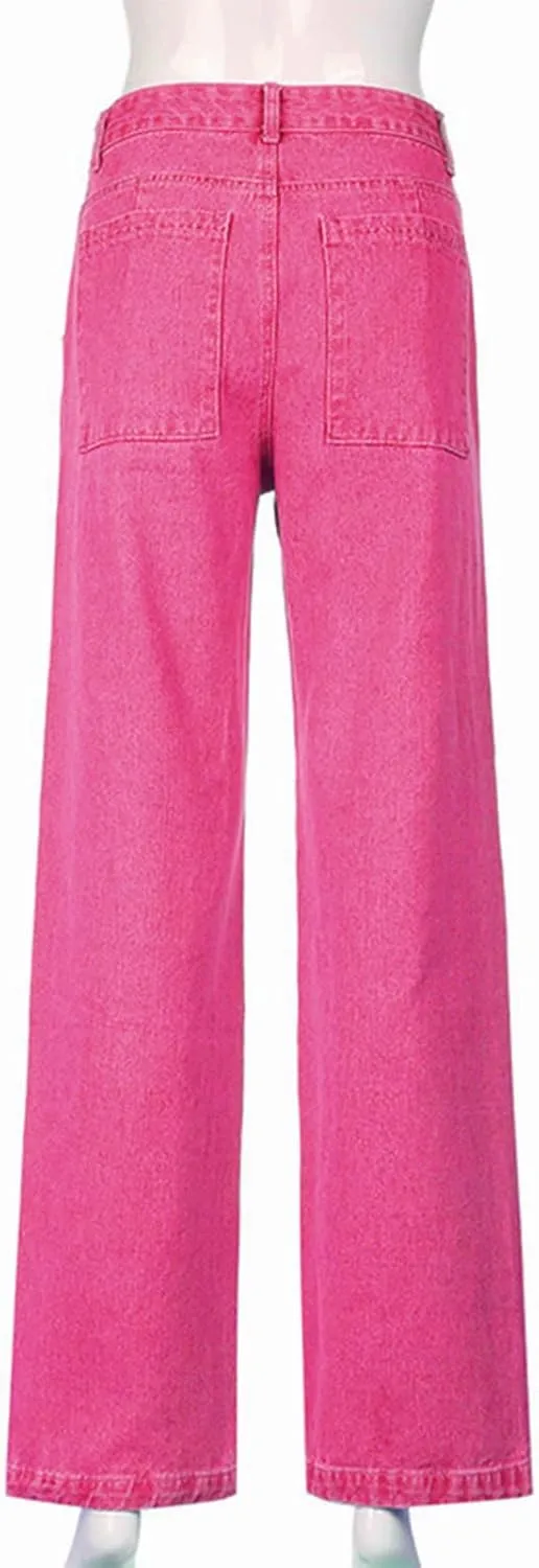 Women's High Waist Baggy Jeans Flap Pocket Relaxed Fit Straight Wide Leg Y2K Fashion Cargo Jeans