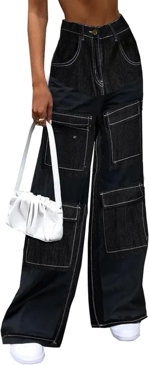 Women's High Waist Baggy Jeans Flap Pocket Relaxed Fit Straight Wide Leg Y2K Fashion Cargo Jeans