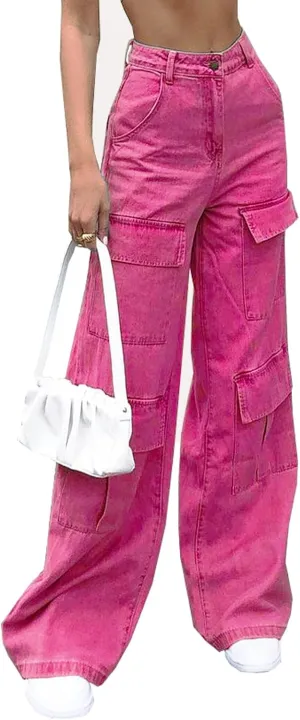 Women's High Waist Baggy Jeans Flap Pocket Relaxed Fit Straight Wide Leg Y2K Fashion Cargo Jeans