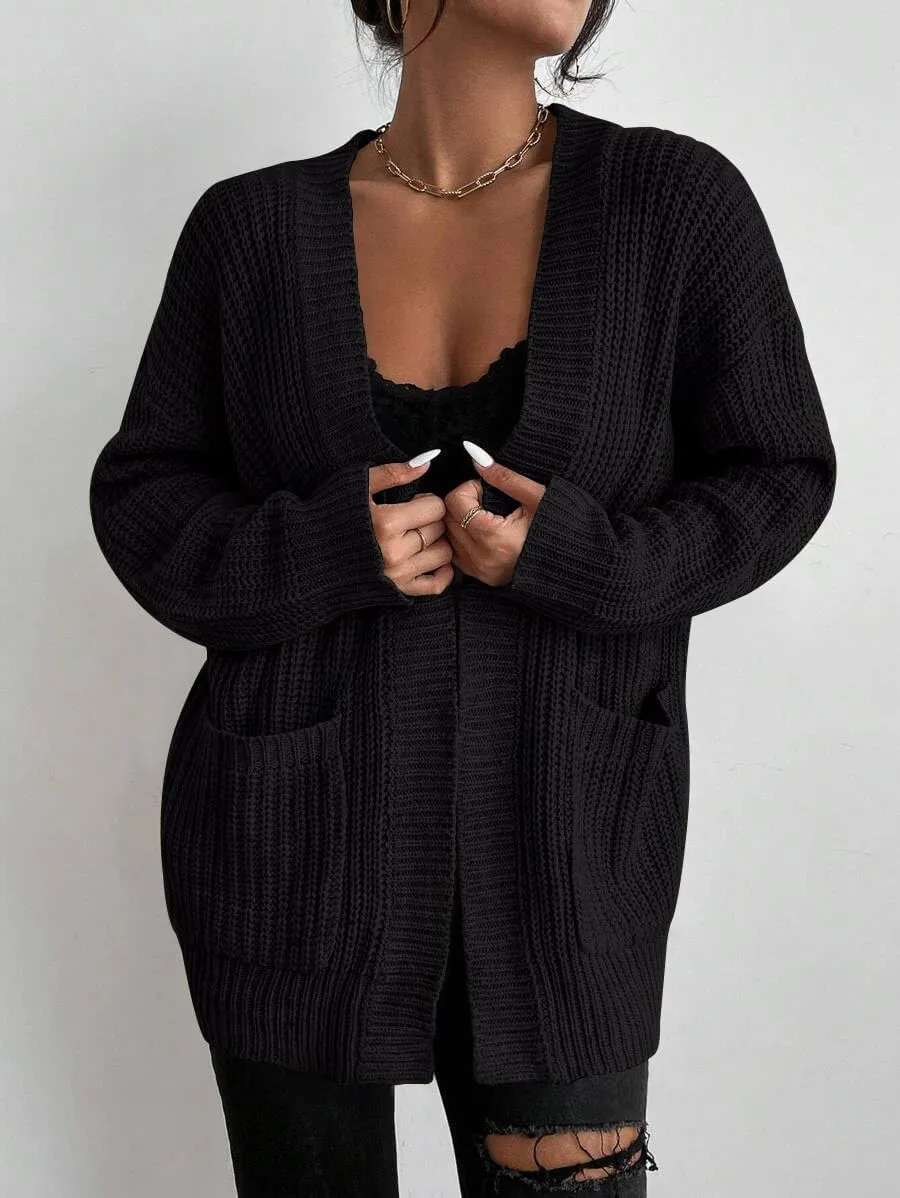 Womens Open Front Cardigan Sweaters Oversized Long Sleeve Two Pockets Loose Solid Knit Sweaters
