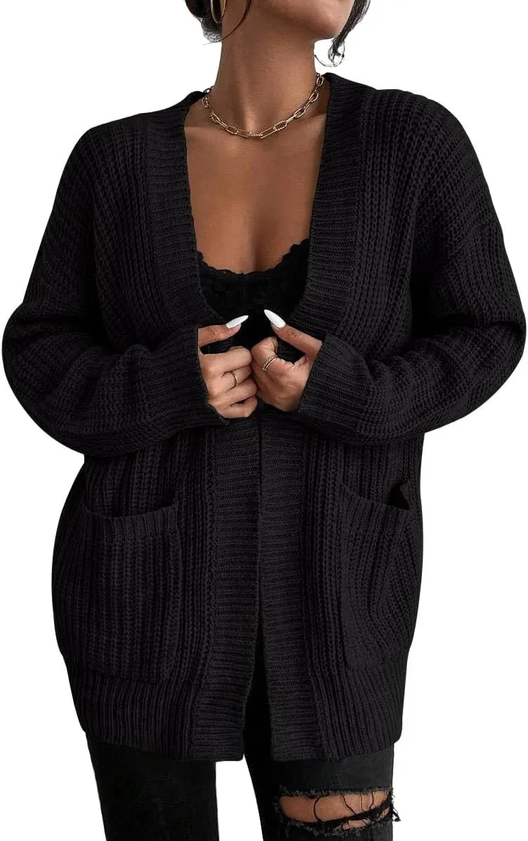 Womens Open Front Cardigan Sweaters Oversized Long Sleeve Two Pockets Loose Solid Knit Sweaters