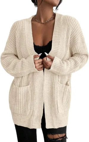 Womens Open Front Cardigan Sweaters Oversized Long Sleeve Two Pockets Loose Solid Knit Sweaters