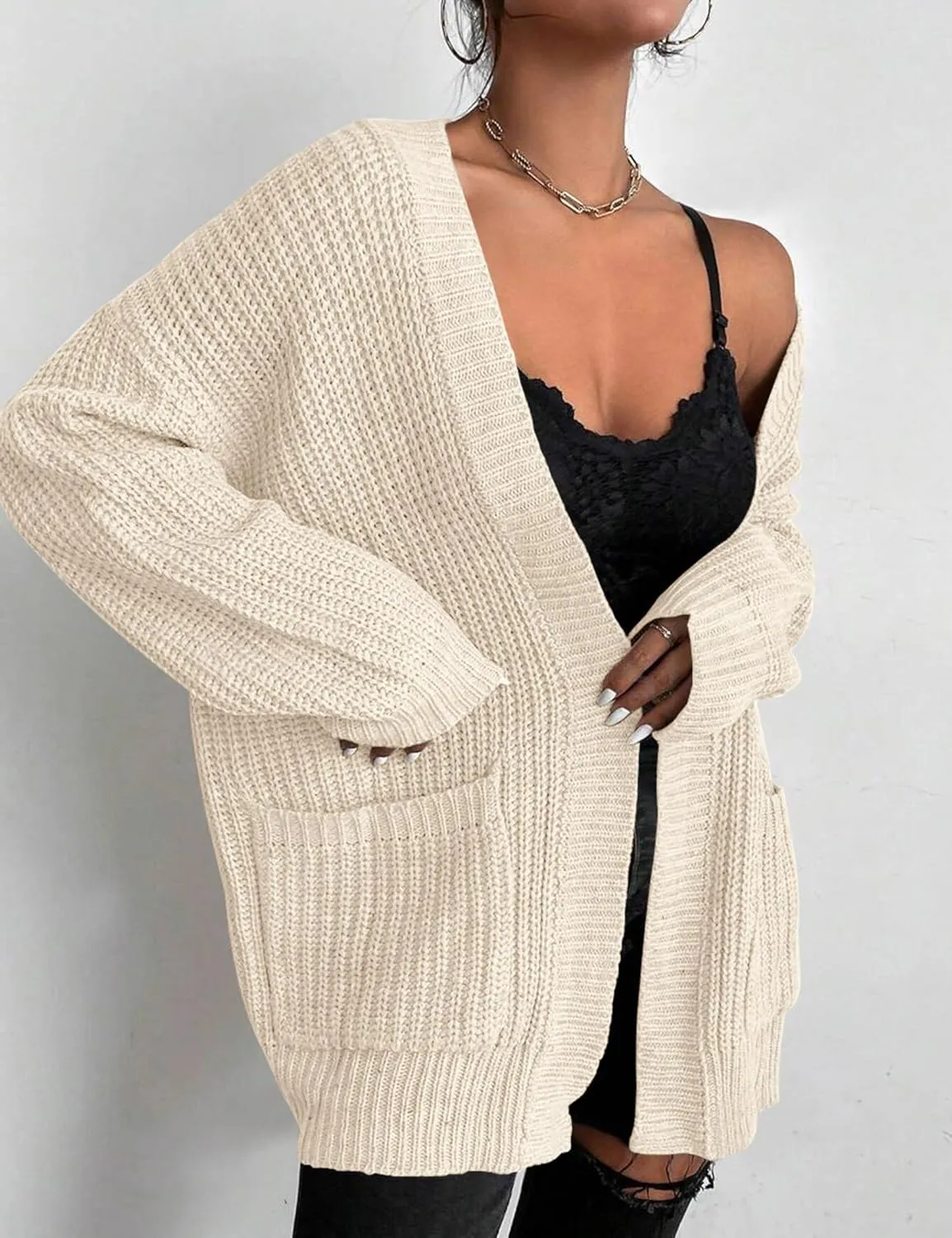 Womens Open Front Cardigan Sweaters Oversized Long Sleeve Two Pockets Loose Solid Knit Sweaters