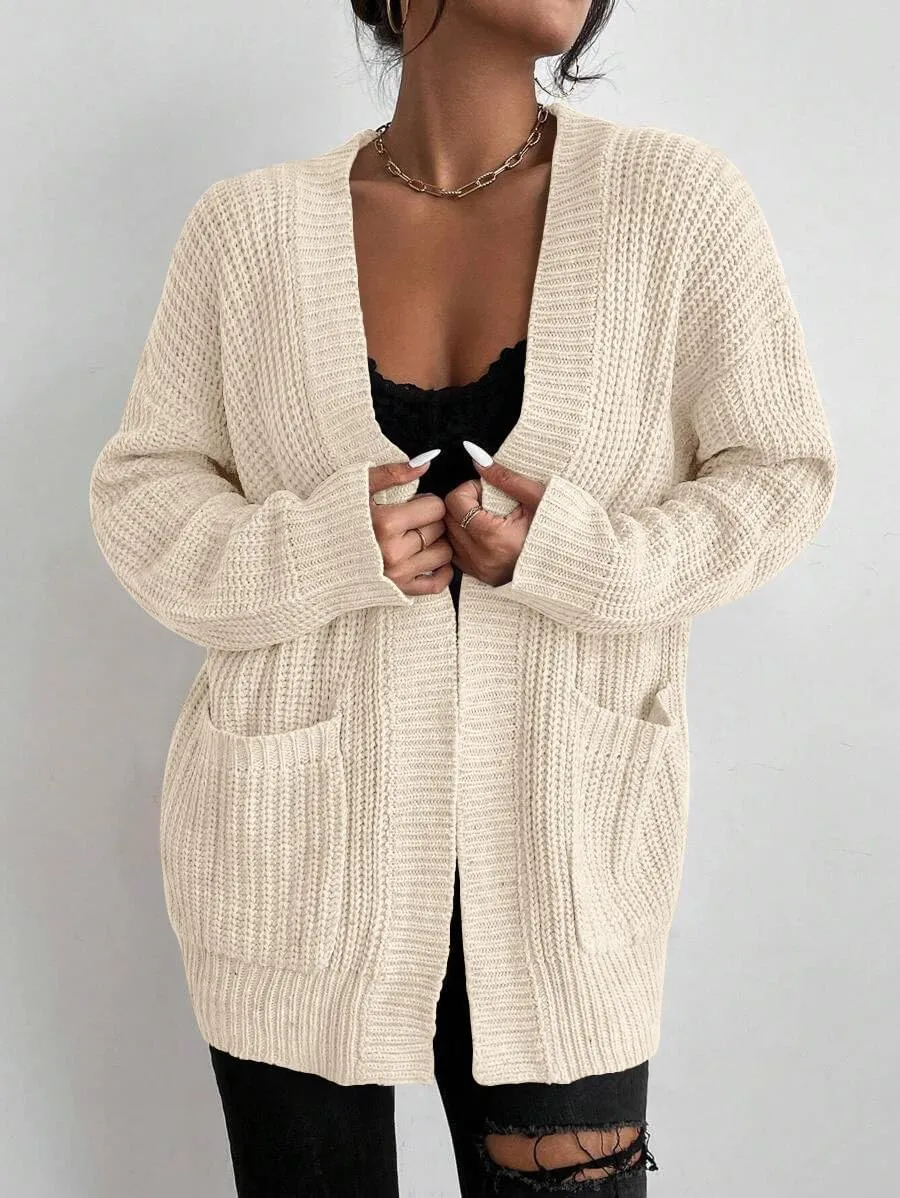 Womens Open Front Cardigan Sweaters Oversized Long Sleeve Two Pockets Loose Solid Knit Sweaters
