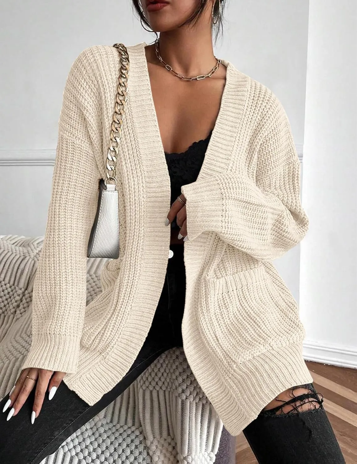 Womens Open Front Cardigan Sweaters Oversized Long Sleeve Two Pockets Loose Solid Knit Sweaters