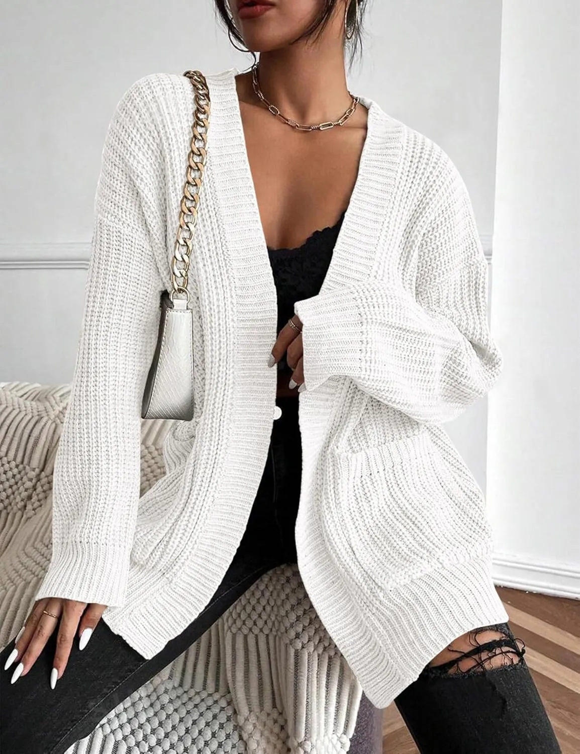 Womens Open Front Cardigan Sweaters Oversized Long Sleeve Two Pockets Loose Solid Knit Sweaters