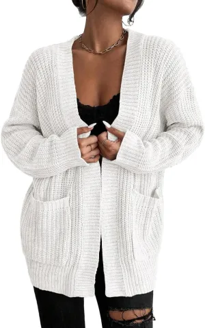 Womens Open Front Cardigan Sweaters Oversized Long Sleeve Two Pockets Loose Solid Knit Sweaters