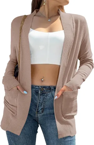 Womens Open Front Cardigan Sweaters Oversized Long Sleeve Two Pockets Loose Solid Knit Sweaters