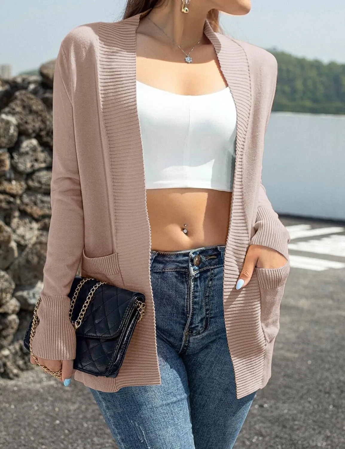 Womens Open Front Cardigan Sweaters Oversized Long Sleeve Two Pockets Loose Solid Knit Sweaters