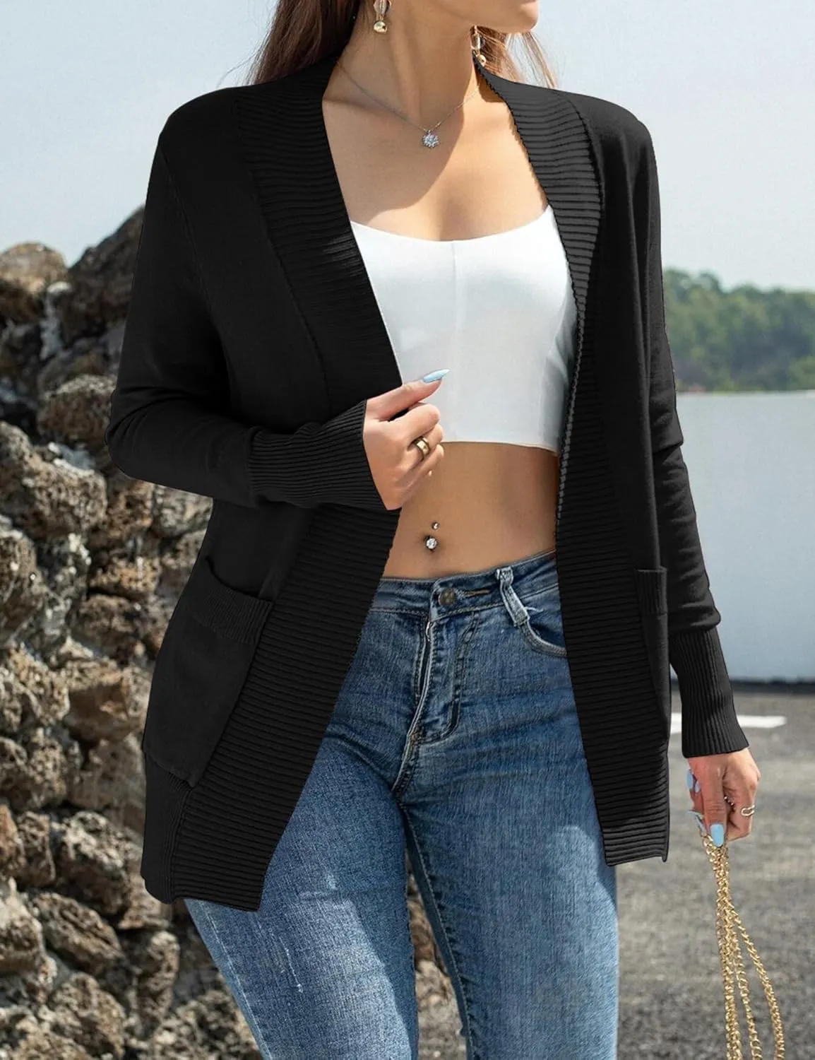 Womens Open Front Cardigan Sweaters Oversized Long Sleeve Two Pockets Loose Solid Knit Sweaters