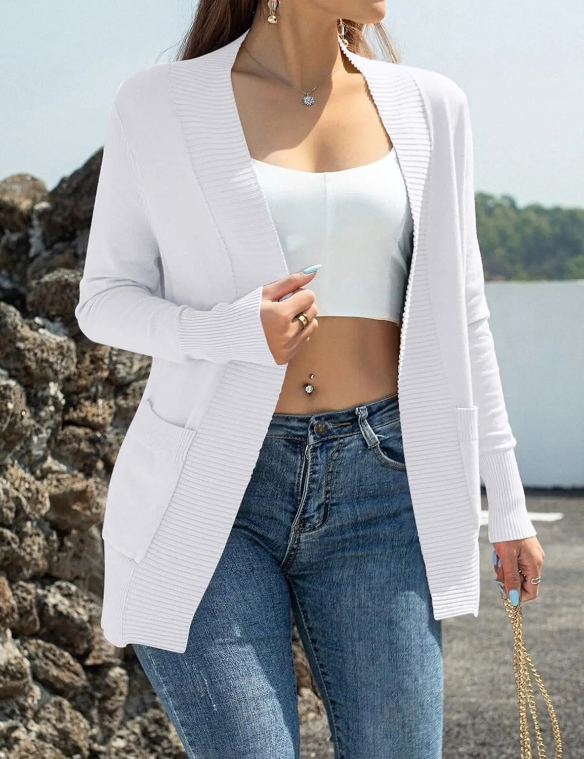 Womens Open Front Cardigan Sweaters Oversized Long Sleeve Two Pockets Loose Solid Knit Sweaters