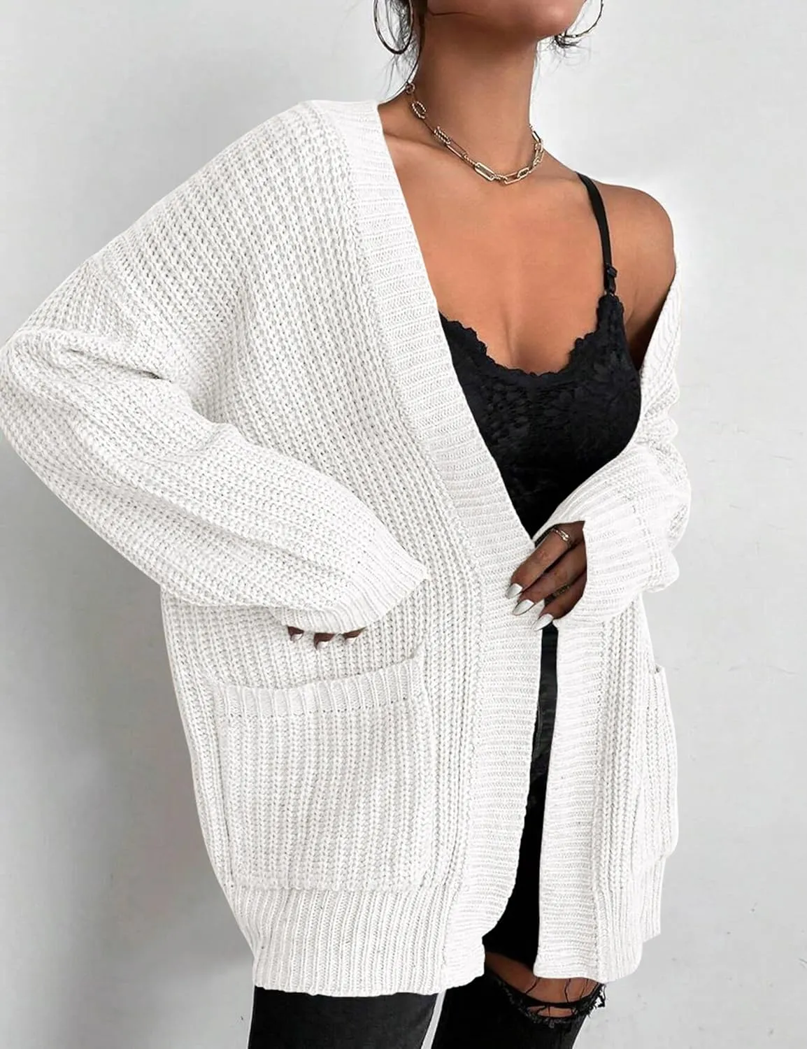 Womens Open Front Cardigan Sweaters Oversized Long Sleeve Two Pockets Loose Solid Knit Sweaters