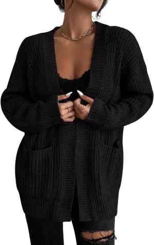 Womens Open Front Cardigan Sweaters Oversized Long Sleeve Two Pockets Loose Solid Knit Sweaters