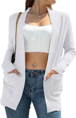 Womens Open Front Cardigan Sweaters Oversized Long Sleeve Two Pockets Loose Solid Knit Sweaters