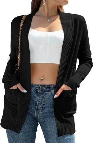 Womens Open Front Cardigan Sweaters Oversized Long Sleeve Two Pockets Loose Solid Knit Sweaters