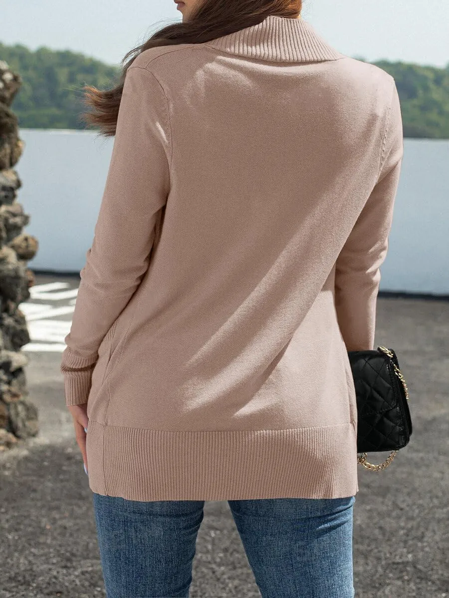 Womens Open Front Cardigan Sweaters Oversized Long Sleeve Two Pockets Loose Solid Knit Sweaters