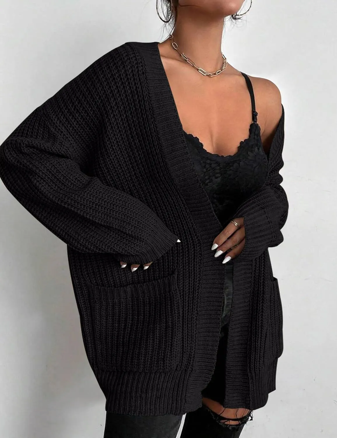 Womens Open Front Cardigan Sweaters Oversized Long Sleeve Two Pockets Loose Solid Knit Sweaters