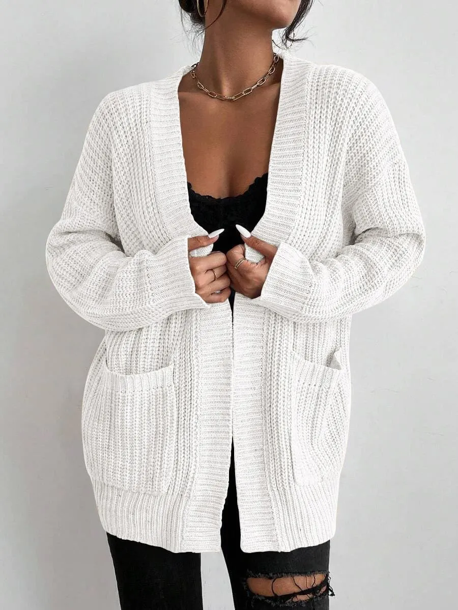 Womens Open Front Cardigan Sweaters Oversized Long Sleeve Two Pockets Loose Solid Knit Sweaters