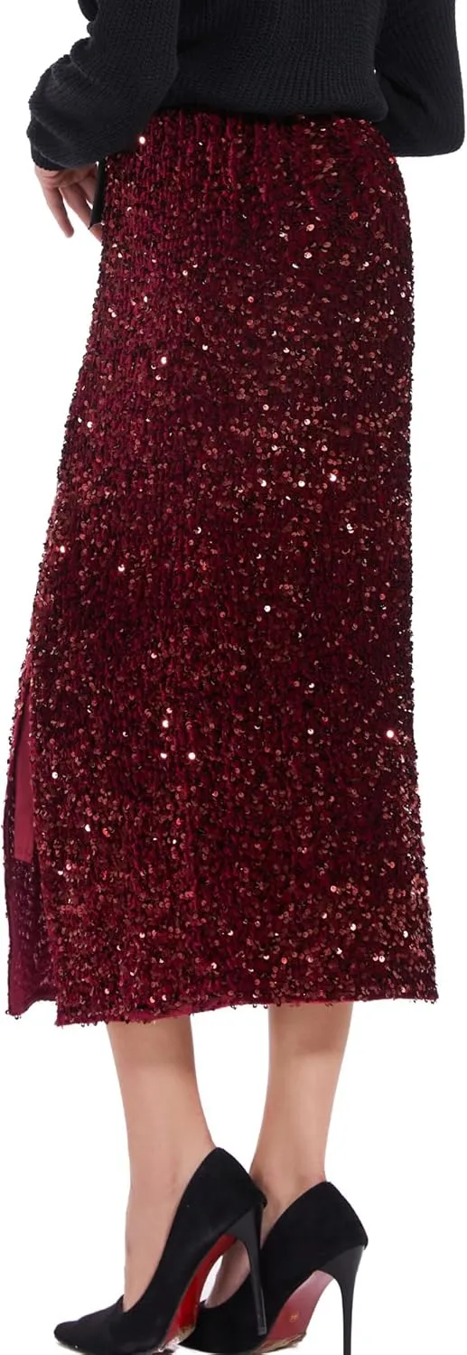 Womens Sequin Velvet Skirt Elastic High Waist Sparkle Split Hem Night Out Party Maxi Skirt