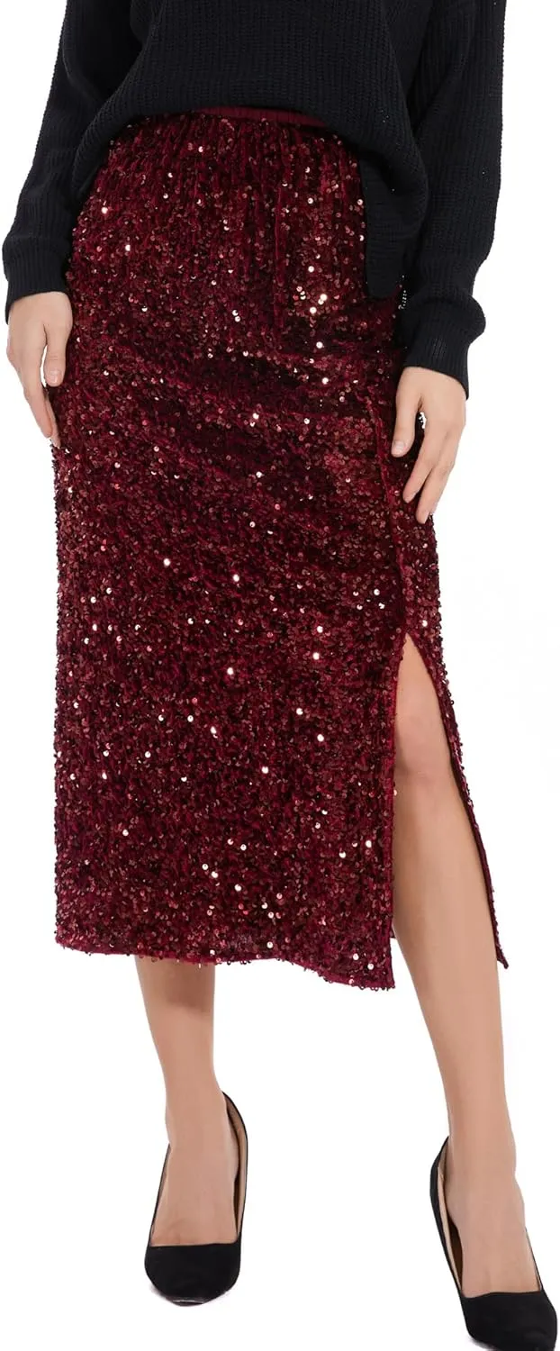 Womens Sequin Velvet Skirt Elastic High Waist Sparkle Split Hem Night Out Party Maxi Skirt