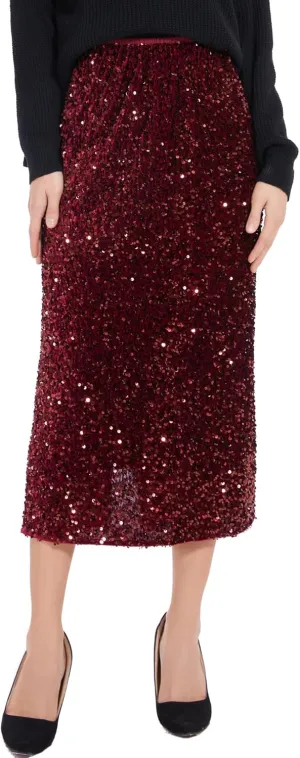 Womens Sequin Velvet Skirt Elastic High Waist Sparkle Split Hem Night Out Party Maxi Skirt