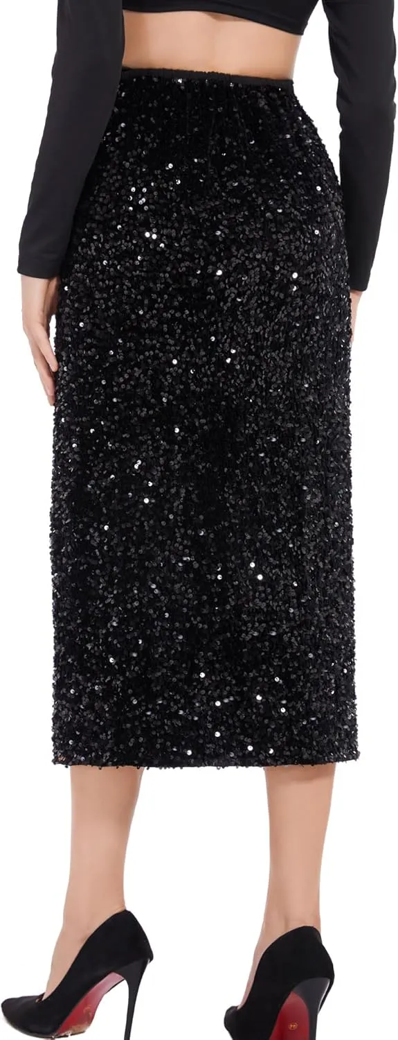 Womens Sequin Velvet Skirt Elastic High Waist Sparkle Split Hem Night Out Party Maxi Skirt