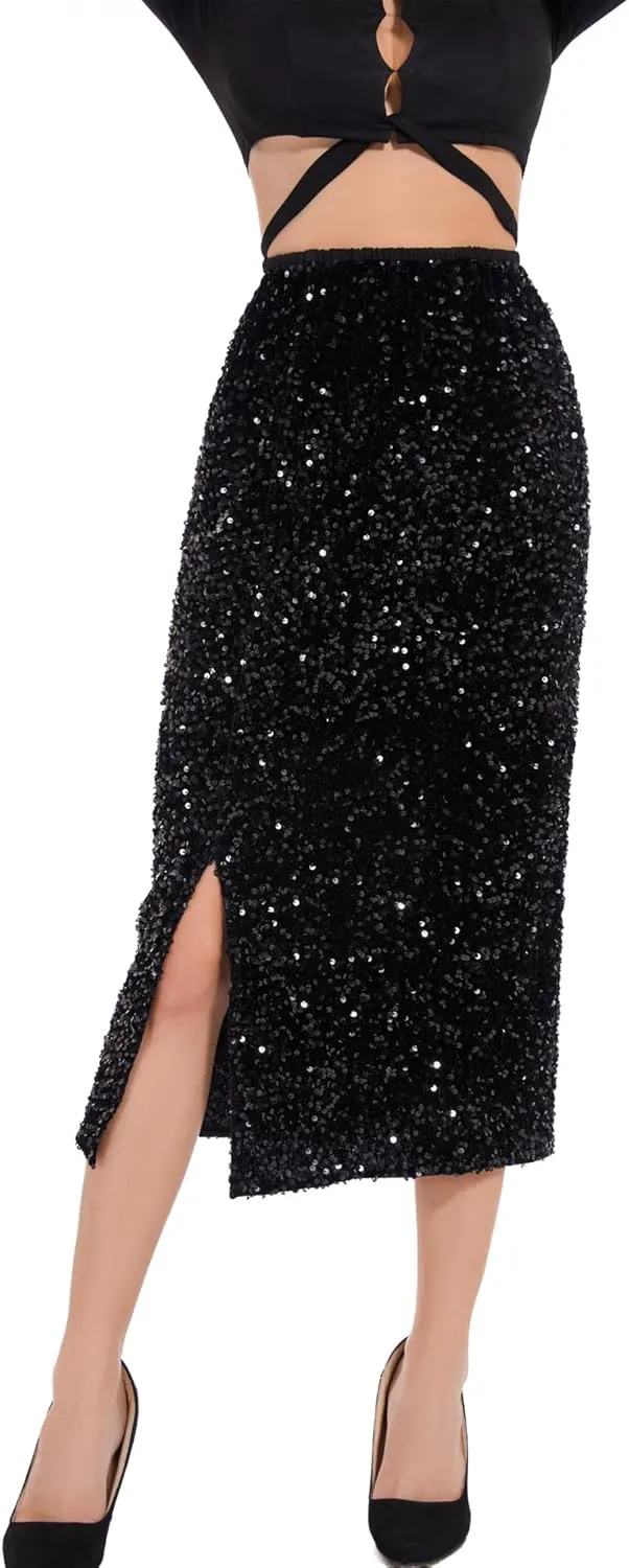 Womens Sequin Velvet Skirt Elastic High Waist Sparkle Split Hem Night Out Party Maxi Skirt