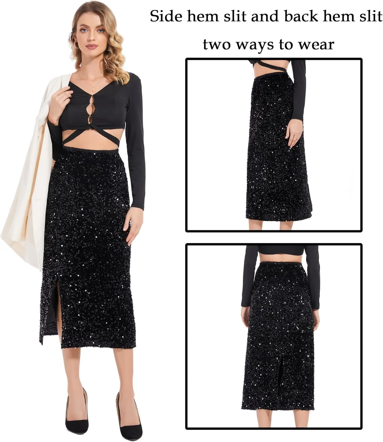 Womens Sequin Velvet Skirt Elastic High Waist Sparkle Split Hem Night Out Party Maxi Skirt