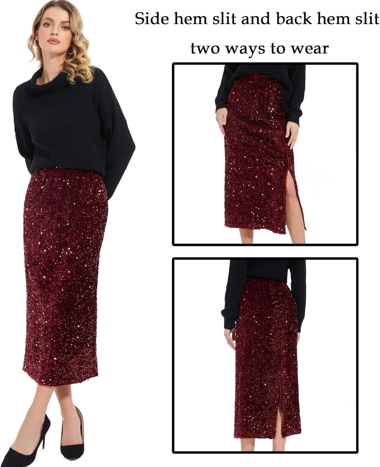 Womens Sequin Velvet Skirt Elastic High Waist Sparkle Split Hem Night Out Party Maxi Skirt