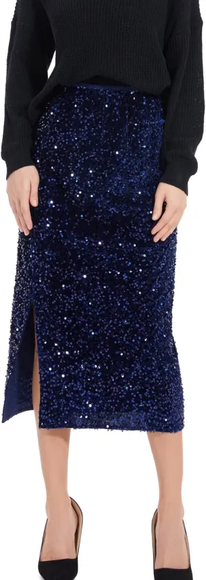 Womens Sequin Velvet Skirt Elastic High Waist Sparkle Split Hem Night Out Party Maxi Skirt