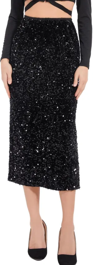 Womens Sequin Velvet Skirt Elastic High Waist Sparkle Split Hem Night Out Party Maxi Skirt