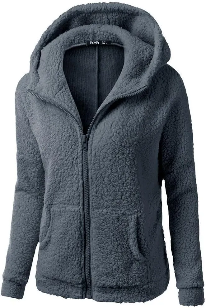 Womens Sherpa Jacket Fuzzy Plus Size Zip Up Hoodie Soft Comfy Fleece Lined Winter Coat with Pockets Warm Outerwear