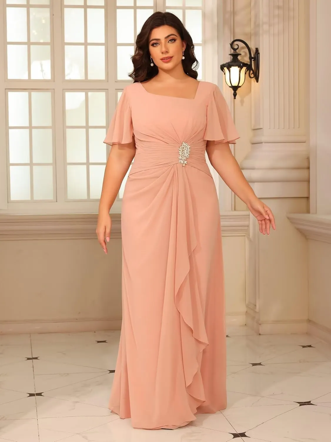 Women's Short Sleeves Mother of The Bride Dresses Chiffon for Wedding Long Square Neck Formal Party Evening Dress RO284