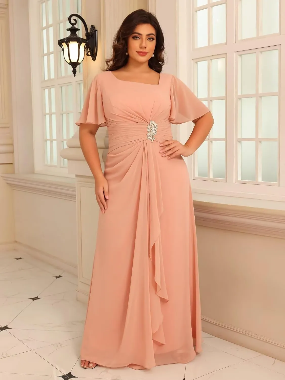 Women's Short Sleeves Mother of The Bride Dresses Chiffon for Wedding Long Square Neck Formal Party Evening Dress RO284