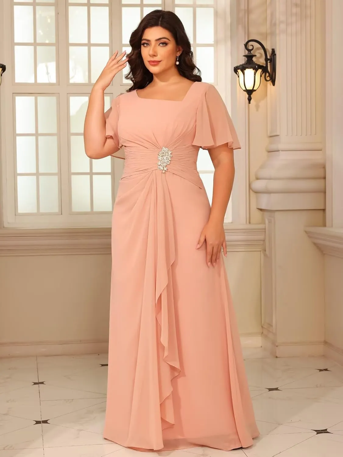 Women's Short Sleeves Mother of The Bride Dresses Chiffon for Wedding Long Square Neck Formal Party Evening Dress RO284