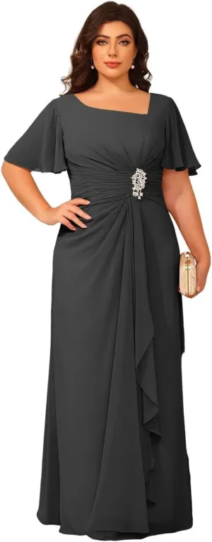 Women's Short Sleeves Mother of The Bride Dresses Chiffon for Wedding Long Square Neck Formal Party Evening Dress RO284