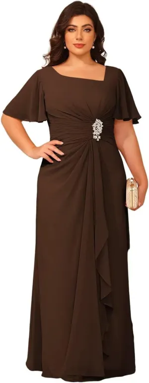 Women's Short Sleeves Mother of The Bride Dresses Chiffon for Wedding Long Square Neck Formal Party Evening Dress RO284