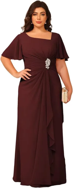 Women's Short Sleeves Mother of The Bride Dresses Chiffon for Wedding Long Square Neck Formal Party Evening Dress RO284