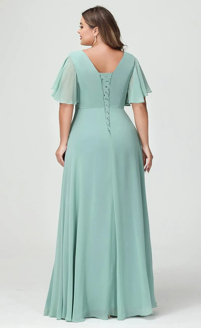 Women's Short Sleeves Mother of The Bride Dresses Chiffon for Wedding Long Square Neck Formal Party Evening Dress RO284