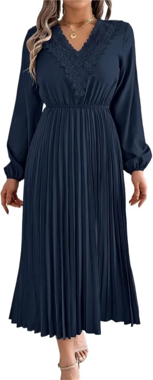 Women's Solid Color Long Sleeve Dress - Bohemian Lace V-Neck Balloon Sleeve Cinched Waist Pleated Maxi Skirt