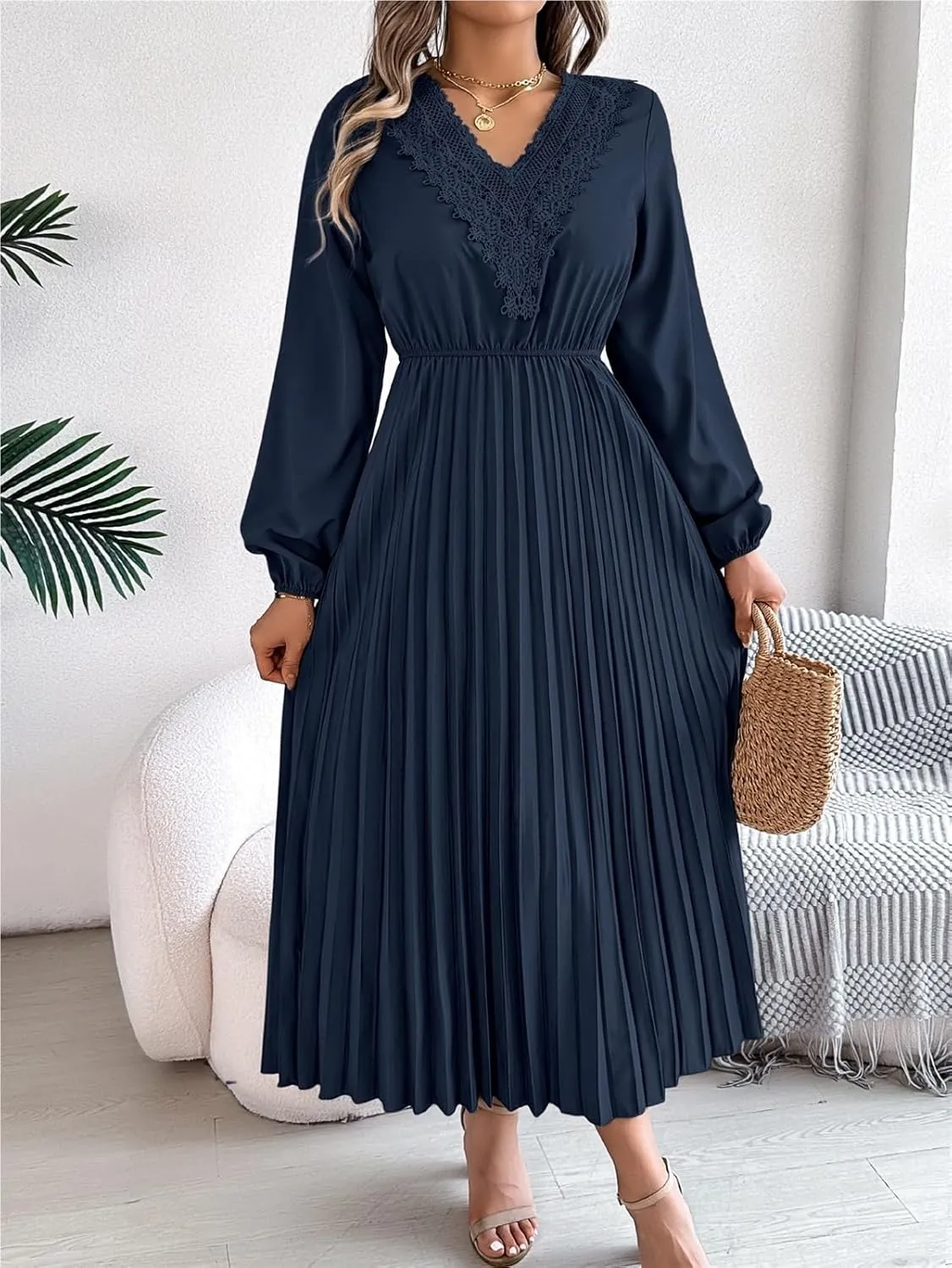 Women's Solid Color Long Sleeve Dress - Bohemian Lace V-Neck Balloon Sleeve Cinched Waist Pleated Maxi Skirt