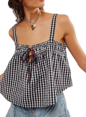 Womens Square Neck Gingham Camisole Summer Spaghetti Strap Backless Cami Shirt Y2k Peplum Babydoll Crop Tank Tops
