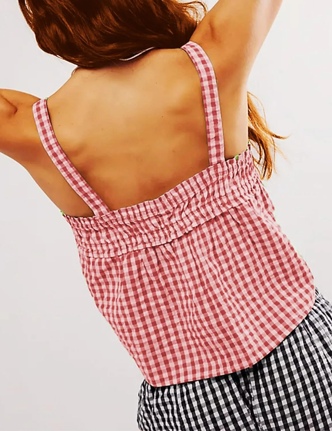 Womens Square Neck Gingham Camisole Summer Spaghetti Strap Backless Cami Shirt Y2k Peplum Babydoll Crop Tank Tops