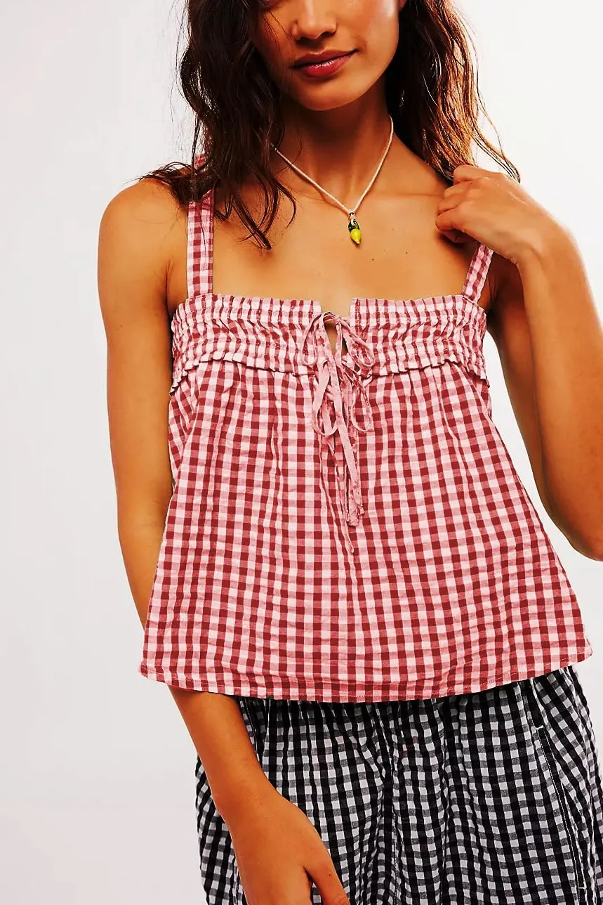 Womens Square Neck Gingham Camisole Summer Spaghetti Strap Backless Cami Shirt Y2k Peplum Babydoll Crop Tank Tops