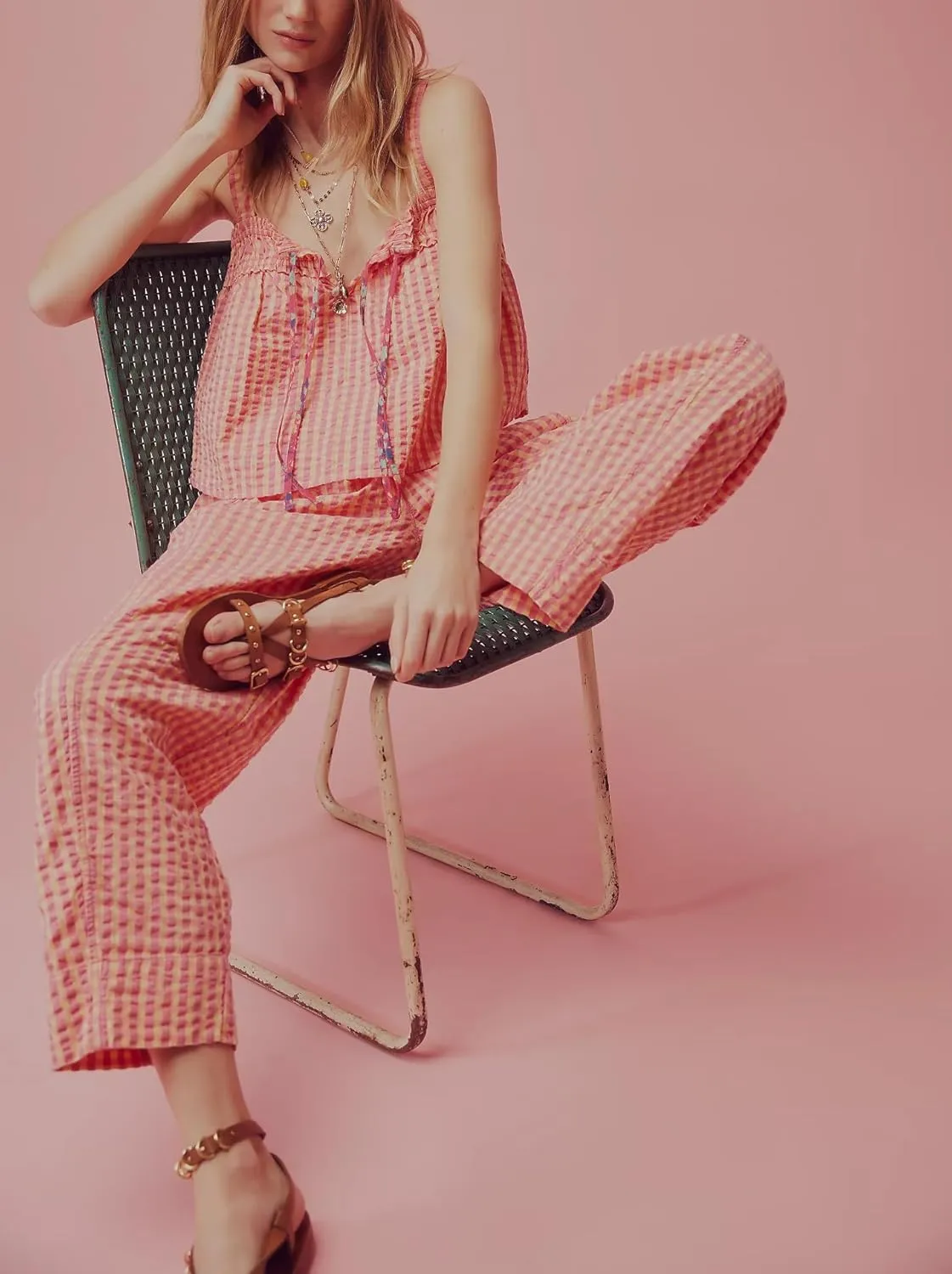 Womens Square Neck Gingham Camisole Summer Spaghetti Strap Backless Cami Shirt Y2k Peplum Babydoll Crop Tank Tops
