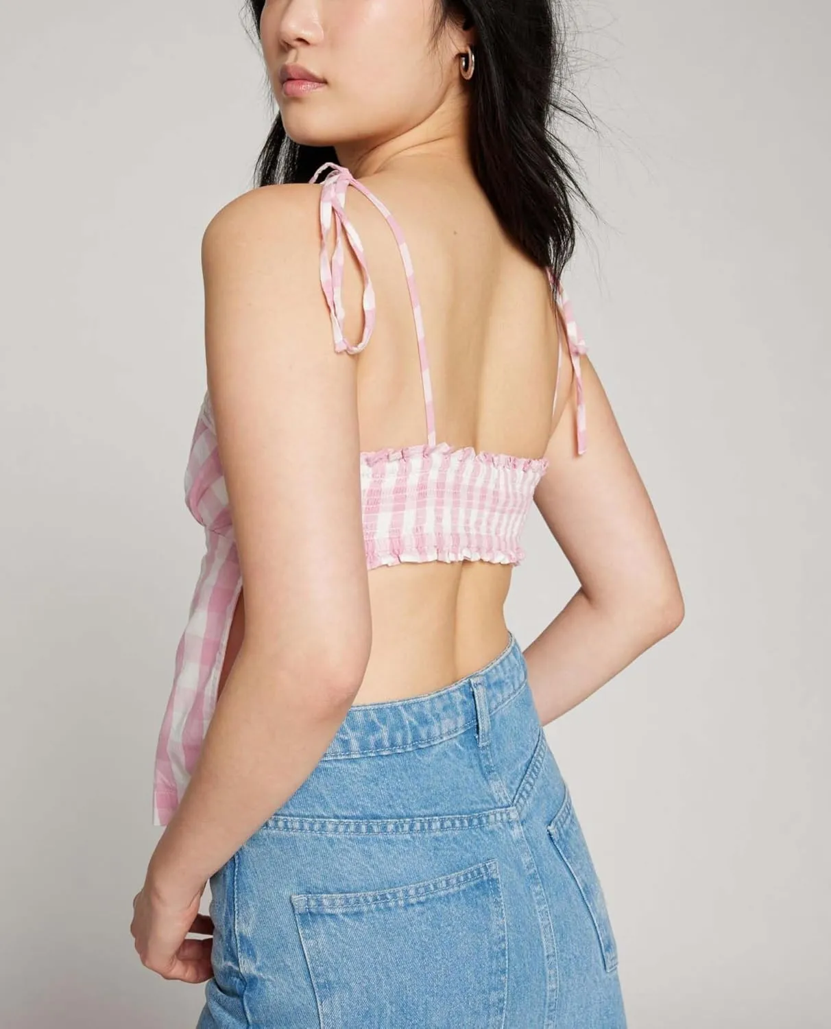 Womens Square Neck Gingham Camisole Summer Spaghetti Strap Backless Cami Shirt Y2k Peplum Babydoll Crop Tank Tops