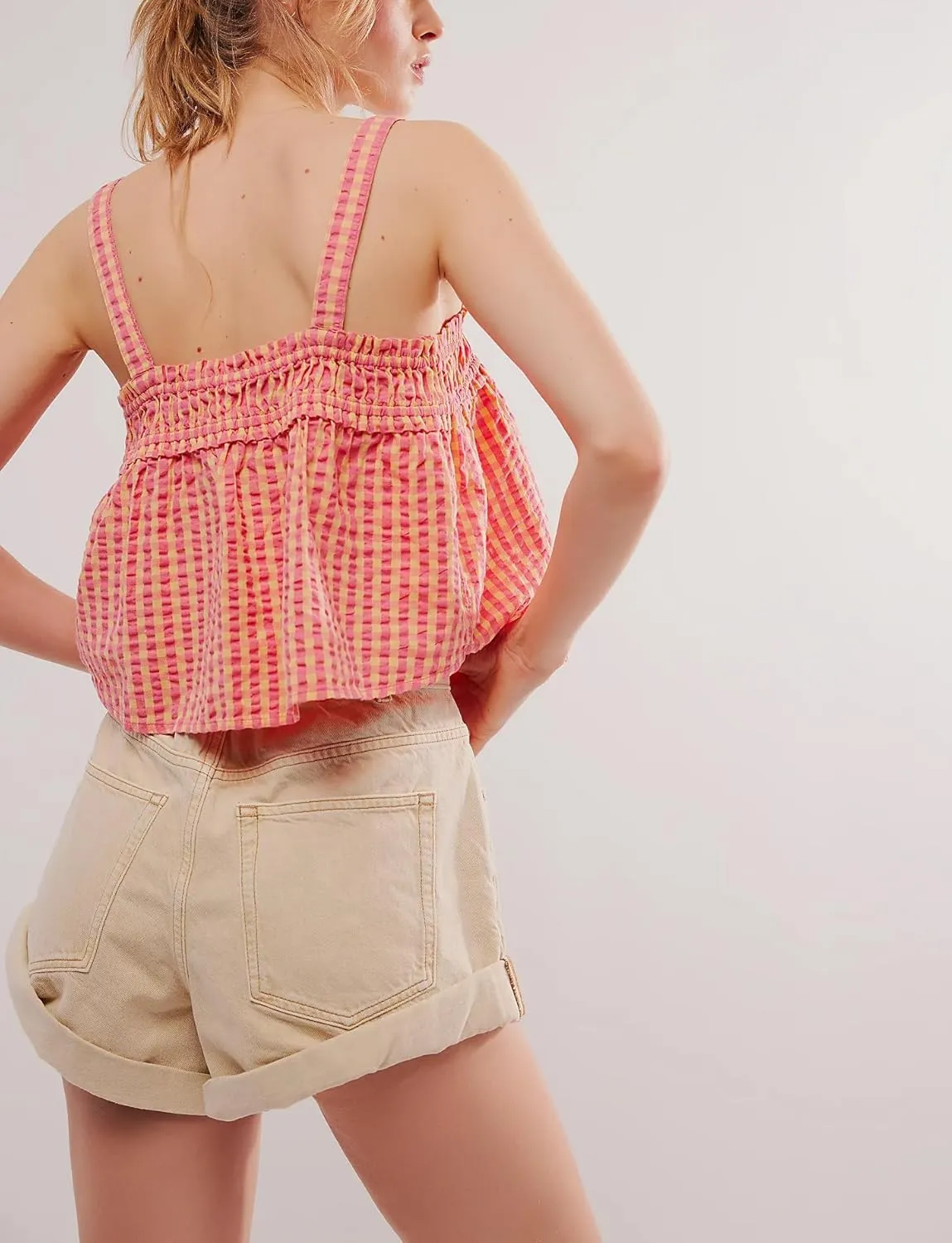 Womens Square Neck Gingham Camisole Summer Spaghetti Strap Backless Cami Shirt Y2k Peplum Babydoll Crop Tank Tops